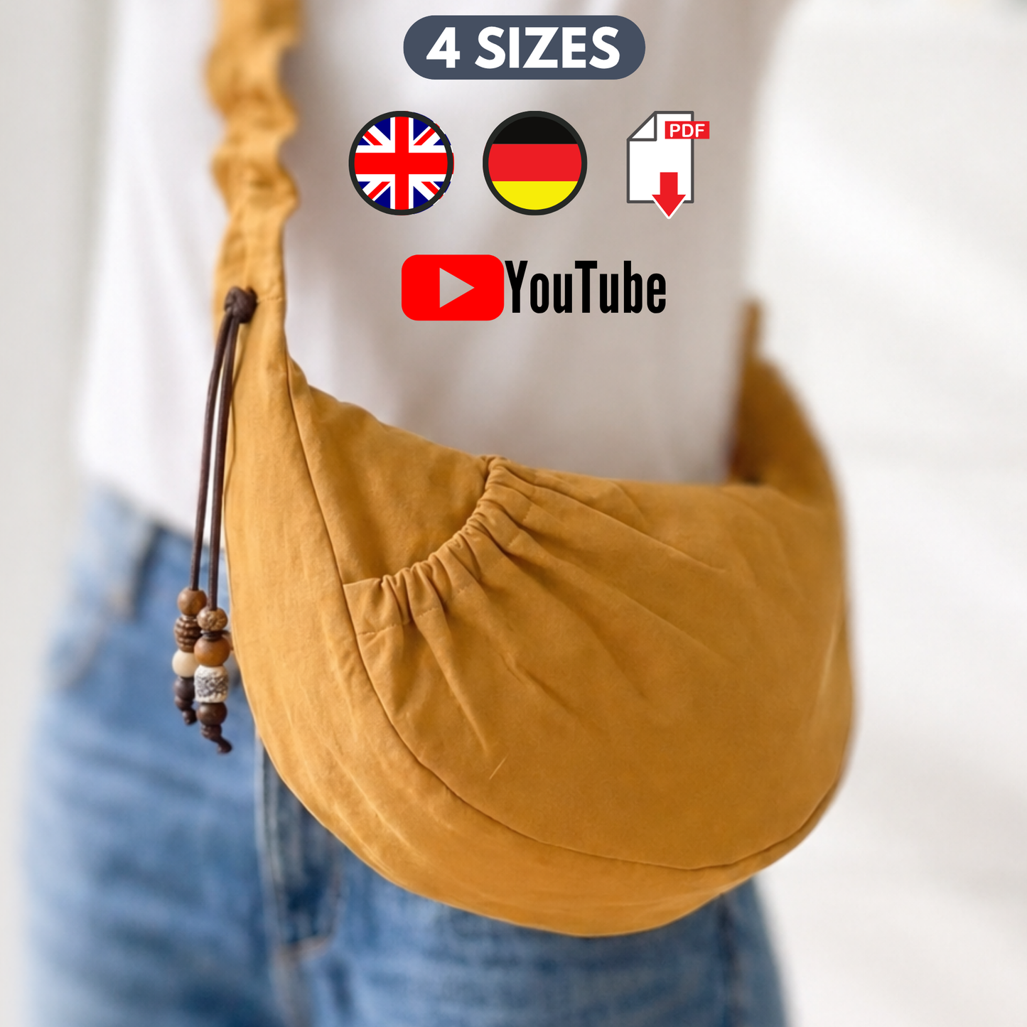 Schnittmuster Halbmondtasche, Moonbag "KURO" mit gerafftem Träger, S-XL